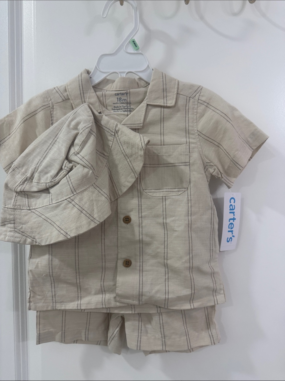 Carter's Beige Striped Button-Down Shirt, Shorts & Hat Set - Picture 1 of 4